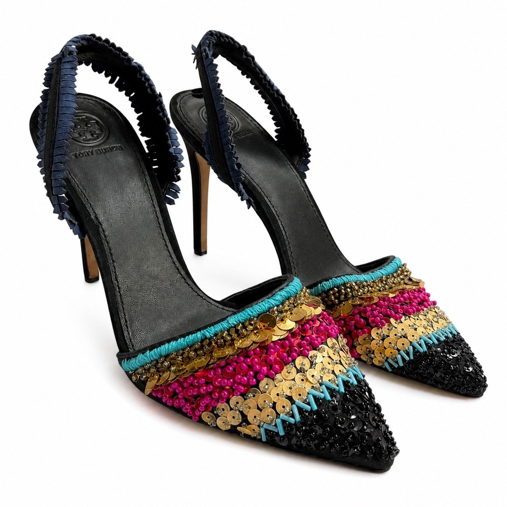 Tory Burch Beaded Sequin Slingback Pumps Black Multi Color Pointed Toe Heels 9M